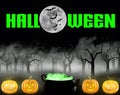 Halloween - Spooky Halloween woods with glowing pumpkins, a witch\'s cauldron and Black bats