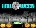 Halloween - Spooky Halloween woods with glowing pumpkins, a witch\'s cauldron and Black bats