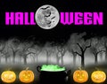 Halloween - Spooky Halloween woods with glowing pumpkins, a witch\'s cauldron and Black bats