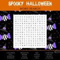 Spooky Halloween word search puzzle. October crossword game.