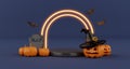 Spooky haloween pumpkins jack o\' lanterns on podium and flying bats on neon background.3d rendering Royalty Free Stock Photo