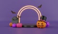 Spooky haloween pumpkins jack o\' lanterns on podium and flying bats on neon background.3d rendering Royalty Free Stock Photo