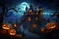 Spooky haunted castle on misty hill under full moon. Generative AI