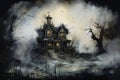 A spooky haunted house with eerie watercolor effects that evoke the chilling atmosphere of Halloween. Generative Ai