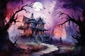 A spooky haunted house with eerie watercolor effects that evoke the chilling atmosphere of Halloween. Generative Ai