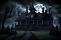 Spooky haunted house with a full moon overhead, casting eerie shadows on a misty graveyard