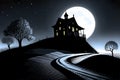 Spooky haunted house on hill and the full Moon Royalty Free Stock Photo