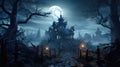 Spooky haunted house in misty wood on scary Halloween night Royalty Free Stock Photo