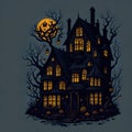 Spooky Haunted House with Pumpkins and Full Moon Illustration Royalty Free Stock Photo