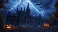 A Spooky Haunted Mansion with Jack-O-Lanterns on a Stormy Night Royalty Free Stock Photo