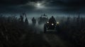 Spooky hayride moonlit fields, haunted tractor, creepy scarecrows, ghostly journey