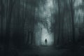 A spooky hooded figure, standing in a winter forest. With glowing supernatural lights. With a blurred, grunge, edit