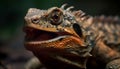 Spooky horned lizard crawls in nature, focus on foreground generated by AI