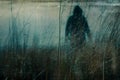 A spooky horror concept. Looking up at a blurred scary ghostly figure in a field. With a textured edit