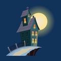 Spooky house. Dark scary house in night. Horror nightmare on moonlight illustration. Creepy building isolated on dark