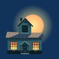 Spooky house. Dark scary house in night. Horror nightmare on moonlight illustration. Creepy building isolated on dark