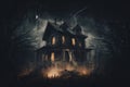 A spooky house in a spooky forest at night. AI generative image. Royalty Free Stock Photo