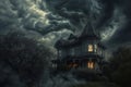 A spooky house with thick smoke pouring out of it, creating an eerie atmosphere, A haunted Victorian house on a stormy night, AI