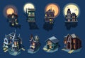 Spooky house vector haunted castle with dark scary horror nightmare on halloween moonlight mystery illustration nightly