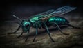 Spooky housefly with hairy legs and green eyes in macro magnification generated by AI