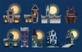 Spooky houses set. Dark scary house in night. Horror nightmare on moonlight illustration. Creepy building
