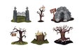 Spooky Trees, Cemetery Entrance Gate and Monster Cave. Halloween Vector Illustration Set Isolated On White Background