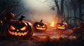 spooky jack-o-lantern pumpkins in a mystical forest