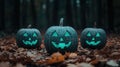 spooky jack-o\'-lanterns in autumn forest Royalty Free Stock Photo