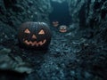 spooky jack-o\'-lanterns in dark forest Royalty Free Stock Photo