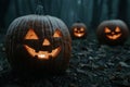 Spooky jack-o\'-lanterns in a dark forest Royalty Free Stock Photo