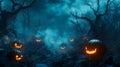 Spooky Jack-o\'-Lanterns in a Foggy Forest Royalty Free Stock Photo