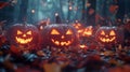 Spooky Jack-o\'-Lanterns in the Forest - 3D Illustration Royalty Free Stock Photo