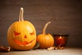 Spooky Jack pumpkin head lantern. Halloween decoration Royalty Free Stock Photo