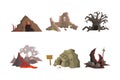 Spooky Landscape Elements with Scary Cave, Volcano with Lava, Dry Bare Tree, Ruins and Rock Vector Set