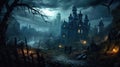 Spooky landscape with haunted Gothic house and moon on Halloween night Royalty Free Stock Photo