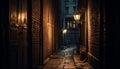 Spooky lantern illuminates old brick wall at dusk generated by AI