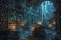A spooky library filled with ancient books, flickering candles, and ghostly apparitions mysterious atmosphere