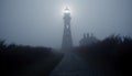 The spooky lighthouse beacon illuminates the dark, mysterious coastline generated by AI