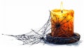 Spooky Lit Orange Wax Candle Covered with Cobwebs on White Background Royalty Free Stock Photo