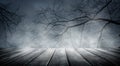 Spooky misty horror halloween background with empty wooden planks, ideal for product placement Royalty Free Stock Photo