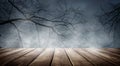 Spooky misty horror halloween background with empty wooden planks, ideal for product placement Royalty Free Stock Photo