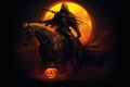 A spooky monster horseman with Halloween pumpkin riding horse Royalty Free Stock Photo