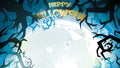 Spooky night background with full moon, scary trees and forest silhouettes. Halloween banner with copy space for greetings,for tex Royalty Free Stock Photo