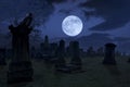 Spooky night at cemetery with old gravestones, full moon and black raven