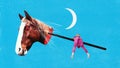 Contemporary surreal art collage with sleeping tired woman and horse head over blue sky background. Surrealism Royalty Free Stock Photo