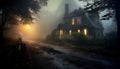 Spooky night, dark forest, abandoned cottage, mysterious fog generated by AI Royalty Free Stock Photo