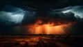 Spooky night, dark sky, thunderstorm, danger, forked lightning, dramatic landscape generated by AI