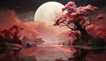 Spooky night, evil tree, Halloween horror, mysterious galaxy landscape generated by AI