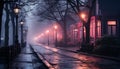 Spooky night, foggy street, old lantern illuminates mysterious city generated by AI Royalty Free Stock Photo