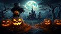 Spooky Night Halloween background. Graveyard cemetery, church, castle with scary carved pumpkin and flying bats Royalty Free Stock Photo